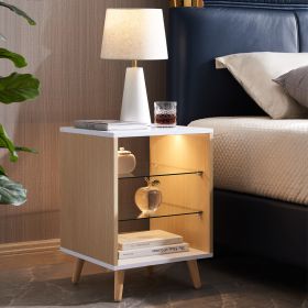 LED Nightstand with 2 Glass Shelves, Modern Bedside Table with 3 Color LED Lighting/Adustable Brightness, Nightstand for Bedroom/Living Room