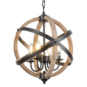 Farmhouse Chandelier Light Fixtures,4-Light Adjustable Height Dining Room Wood Light Fixtures