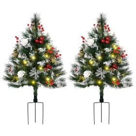 HOMCOM 2.5 Ft/30" 2 Pack Outdoor Entryway Pre-Lit Artificial Christmas Tree Cordless with 70 Branches, Warm White LED lights, Red Berries, Pine Cones