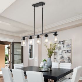 Modern Industrial 5-Light Chandelier with Clear Glass Shades, Matte Black Metal Frame Hanging Ceiling Light Fixture for Dining Room, Kitchen Island