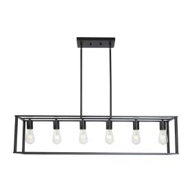 6 Light Rectangle Chandelier Contemporary Farmhouse Linear Pendant Lighting Black Industrial Vintage Kitchen Island Metal Cage Ceiling Light Fixture