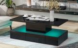 ON-TREND Modern Glossy Coffee Table With Drawer, 2-Tier Rectangle Center Table with LED lighting for Living room, 39.3''x19.6''x15.3'', Black