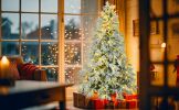 6FT Pre-Lit Spruce Snow Flocked Christmas Tree, Artificial Hinged Xmas Tree with 300 Multi-Color LED Lights, 8 Flashing Modes &790 Snow Branch Tips