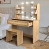 Vanity Desk Set Stool & Dressing Table with LED Lighting Mirror Drawer and Compartments Modern Wood Cosmetic Table Chest of Drawers Nature Color