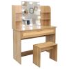 Vanity Desk Set Stool & Dressing Table with LED Lighting Mirror Drawer and Compartments Modern Wood Cosmetic Table Chest of Drawers Nature Color