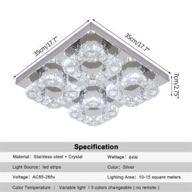 Modern Square Crystal Led Ceiling Light K9 Crystal Chandeliers Fixtures Dimming Stainless Steel Bedroom Light Indoor Lustres (Emitting Color: Dimming with remote, Body Color: 35x35cm)