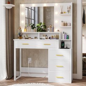 Vintage Vanity Desk, Makeup Vanity with Mirror and 10 LED Lights, 3 Lighting Modes, Makeup Table with 2 USB Ports and Outlets (Color: Modern)