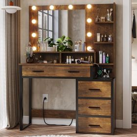 Vintage Vanity Desk, Makeup Vanity with Mirror and 10 LED Lights, 3 Lighting Modes, Makeup Table with 2 USB Ports and Outlets (Color: Vintage)