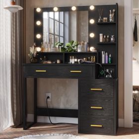 Vintage Vanity Desk, Makeup Vanity with Mirror and 10 LED Lights, 3 Lighting Modes, Makeup Table with 2 USB Ports and Outlets (Color: Modern Black)