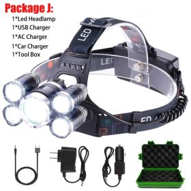 T20 LED Headlamp High Lumen 3/5 LED Light Ultra Bright Headlight USB Rechargeable 4 Modes Flashlight Waterproof Fishing Hunting (Emitting Color: 5LED Package J, Body Color: With 2x18650 Battery)