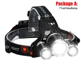 T20 LED Headlamp High Lumen 3/5 LED Light Ultra Bright Headlight USB Rechargeable 4 Modes Flashlight Waterproof Fishing Hunting (Emitting Color: 3LED Package A, Body Color: With 2x18650 Battery)