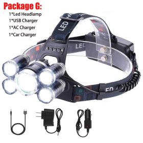 T20 LED Headlamp High Lumen 3/5 LED Light Ultra Bright Headlight USB Rechargeable 4 Modes Flashlight Waterproof Fishing Hunting (Emitting Color: 5LED Package G, Body Color: With 2x18650 Battery)