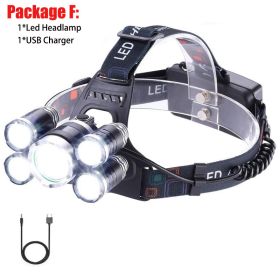 T20 LED Headlamp High Lumen 3/5 LED Light Ultra Bright Headlight USB Rechargeable 4 Modes Flashlight Waterproof Fishing Hunting (Emitting Color: 5LED Package F, Body Color: No Battery)