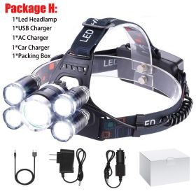 T20 LED Headlamp High Lumen 3/5 LED Light Ultra Bright Headlight USB Rechargeable 4 Modes Flashlight Waterproof Fishing Hunting (Emitting Color: 5LED Package H, Body Color: No Battery)