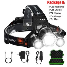 T20 LED Headlamp High Lumen 3/5 LED Light Ultra Bright Headlight USB Rechargeable 4 Modes Flashlight Waterproof Fishing Hunting (Emitting Color: 3LED Package K, Body Color: With 2x18650 Battery)