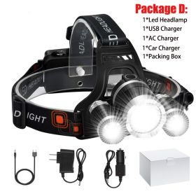 T20 LED Headlamp High Lumen 3/5 LED Light Ultra Bright Headlight USB Rechargeable 4 Modes Flashlight Waterproof Fishing Hunting (Emitting Color: 3LED Package D, Body Color: No Battery)