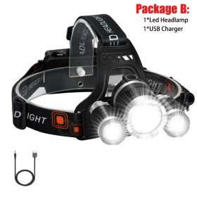 T20 LED Headlamp High Lumen 3/5 LED Light Ultra Bright Headlight USB Rechargeable 4 Modes Flashlight Waterproof Fishing Hunting (Emitting Color: 3LED Package B, Body Color: No Battery)