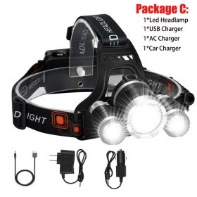 T20 LED Headlamp High Lumen 3/5 LED Light Ultra Bright Headlight USB Rechargeable 4 Modes Flashlight Waterproof Fishing Hunting (Emitting Color: 3LED Package C, Body Color: With 2x18650 Battery)