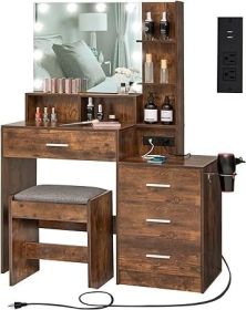 Vanity Desk with Mirror, Power Outlet and Lights, Makeup Table with Drawers, Makeup Desk Lighting Modes Brightness Adjustable (Color: O Rustic Brown)