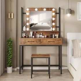 Vanity Desk with Mirror, Power Outlet and Lights, Makeup Table with Drawers, Makeup Desk Lighting Modes Brightness Adjustable (Color: G Brown)