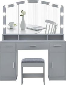 Vanity Desk with Mirror, Power Outlet and Lights, Makeup Table with Drawers, Makeup Desk Lighting Modes Brightness Adjustable (Color: M Grey)