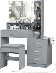 Vanity Desk with Mirror, Power Outlet and Lights, Makeup Table with Drawers, Makeup Desk Lighting Modes Brightness Adjustable (Color: O Grey)