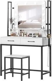 Vanity Desk with Mirror, Power Outlet and Lights, Makeup Table with Drawers, Makeup Desk Lighting Modes Brightness Adjustable (Color: G White Power Strip)