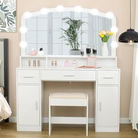 Vanity Desk with Mirror, Power Outlet and Lights, Makeup Table with Drawers, Makeup Desk Lighting Modes Brightness Adjustable (Color: M White)