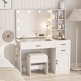 Vanity Desk with Mirror, Power Outlet and Lights, Makeup Table with Drawers, Makeup Desk Lighting Modes Brightness Adjustable (Color: R White Charging)