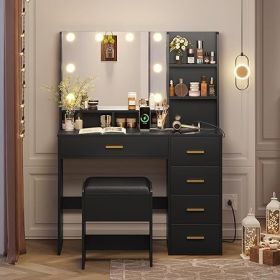 Vanity with Lighted Mirror - Makeup Vanity Desk with Mirror, Power Outlet and Drawers, Dressing Table With Color Lighting Modes (Color: Set-Black)