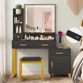 Vanity with Lighted Mirror - Makeup Vanity Desk with Mirror, Power Outlet and Drawers, Dressing Table With Color Lighting Modes (Color: LED-Charcoal Black)