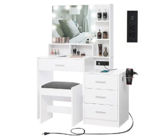 Vanity with Lighted Mirror - Makeup Vanity Desk with Mirror, Power Outlet and Drawers, Dressing Table With Color Lighting Modes (Color: White B)