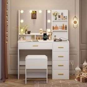 Vanity with Lighted Mirror - Makeup Vanity Desk with Mirror, Power Outlet and Drawers, Dressing Table With Color Lighting Modes (Color: Set-White)