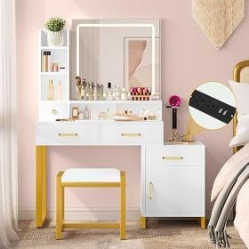 Vanity with Lighted Mirror - Makeup Vanity Desk with Mirror, Power Outlet and Drawers, Dressing Table With Color Lighting Modes (Color: LED-Snowy-white)