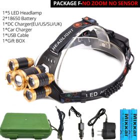 ZK25 LED Powerful Headlight headlamp 5LED Lamp Head Lamp 8000lumens Torch head light 18650 battery Best For Camping/fishing (Plug Type: AU, Emitting Color: Option F)