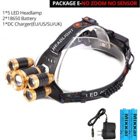 ZK25 LED Powerful Headlight headlamp 5LED Lamp Head Lamp 8000lumens Torch head light 18650 battery Best For Camping/fishing (Plug Type: AU, Emitting Color: Option E)