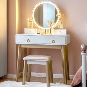 CHARMAID Vanity Set with Touch Screen Dimming Mirror, 3 Color Lighting Modes, Dressing Table with 4 Sliding Drawers (Color: White)