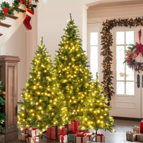 8FT, 6FT, 4FT Pre-Lit Green Pine Artificial Christmas Tree, Set of 3 Hinged Xmas Trees with 820 Warm-Yellow LED Lights and 2539 Branch Tips (Color: as Pic)