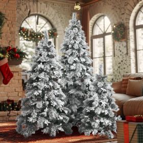 Pre-Lit Spruce Snow Flocked Xmas Tree Set - 4FT, 6FT, 7.5FT with Pine Cones, PE & PVC Mixed Leaves (Color: as Pic)