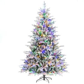 4.5/6/7 Feet Flocked Christmas Tree with 8 Lighting Modes and Multi-Color LED Lights (size: 7 ft)